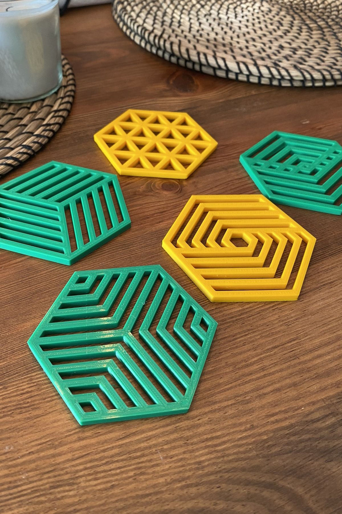 Geometrik Bardak Altlığı Seti (Yeşil ve Sarı)
